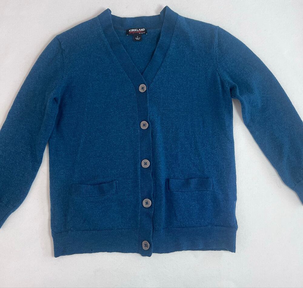 Kirkland Signature Womens L Blue 100% Extra Fine Merino Wool Cardigan Sweater